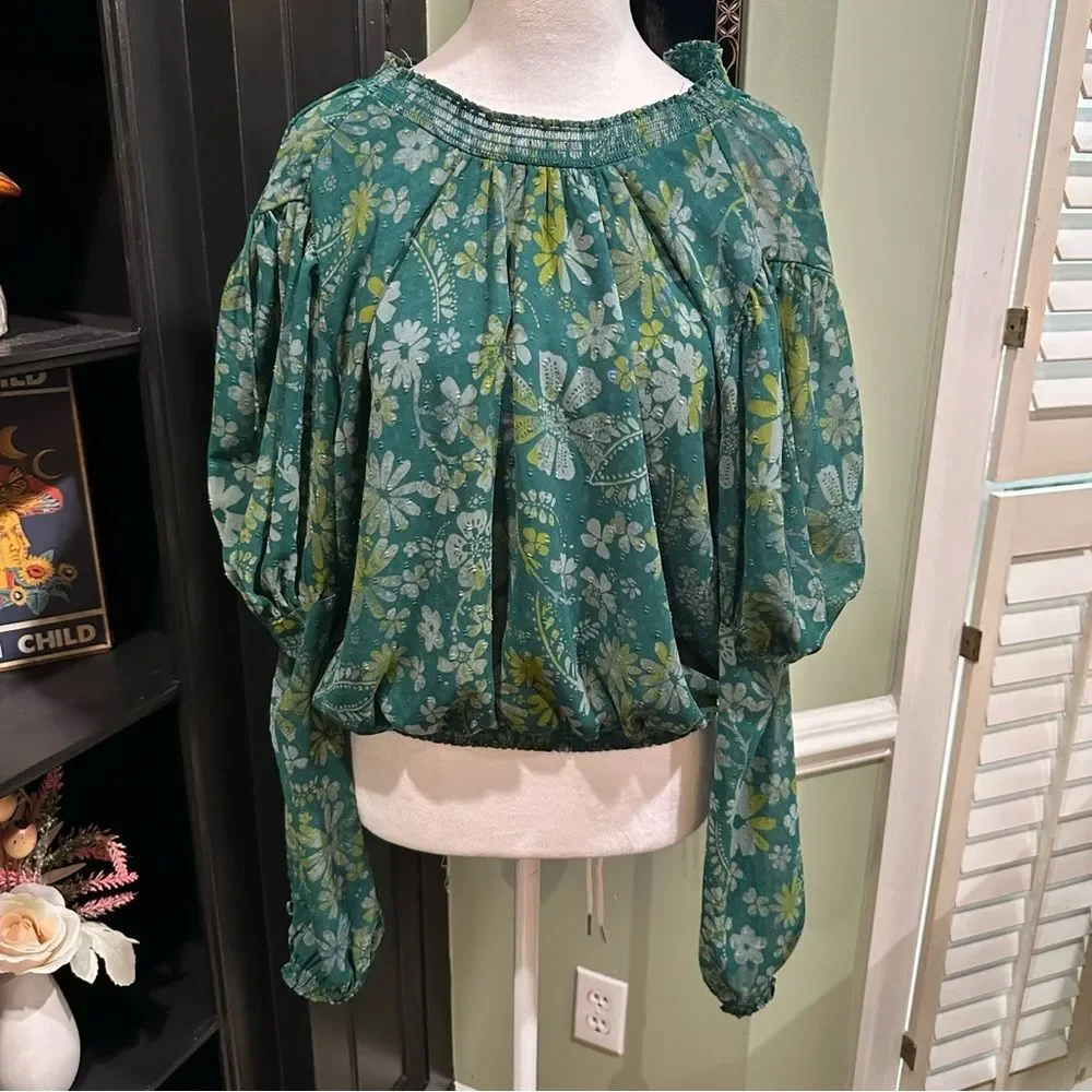 Free People Green Floral Peasant Blouse Balloon Sleeve Boho Top – Size XS